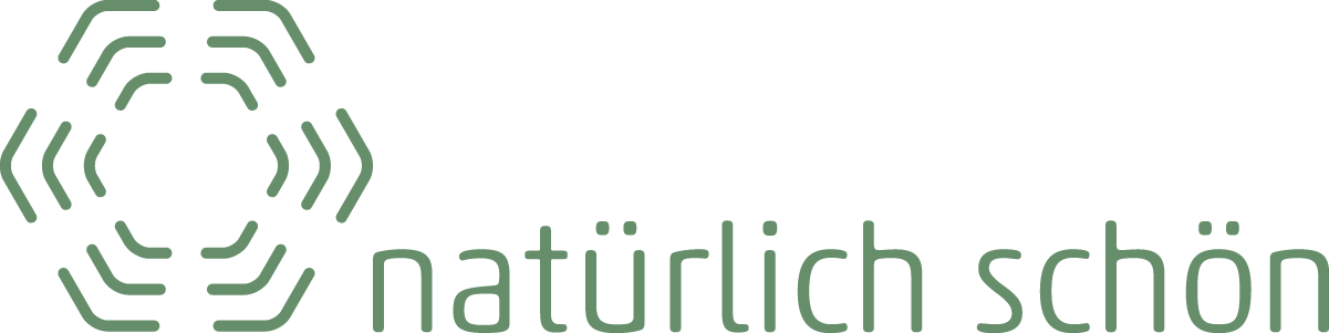 Logo vom Naturkosmetik-Salon Natürlich Schön in grüner Schrift und einem sechseckigem geometrischen Logo